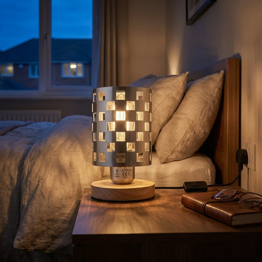 Klein nachtkastje lampje antiek messing + houten standaard ~5353