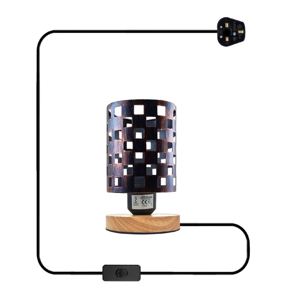 Klein nachtkastje lampje antiek messing + houten standaard ~5353 – Rustiek Rood / Nee