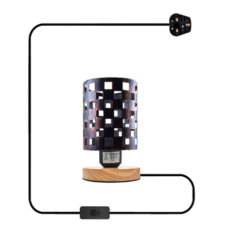 Klein nachtkastje lampje antiek messing + houten standaard ~5353