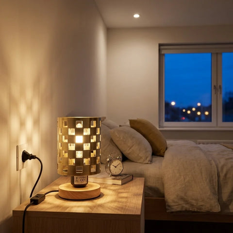 Klein nachtkastje lampje antiek messing + houten standaard ~5353