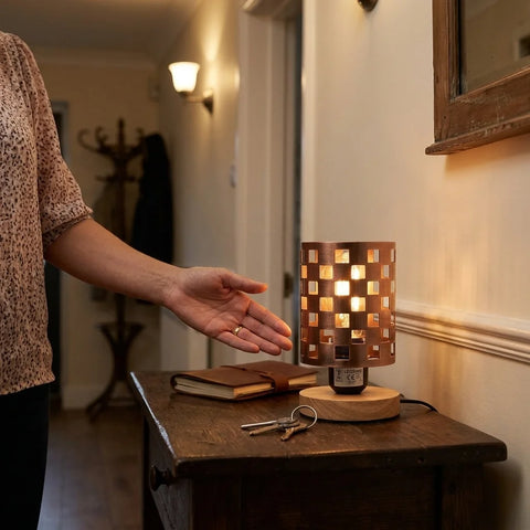 Klein nachtkastje lampje antiek messing + houten standaard ~5353