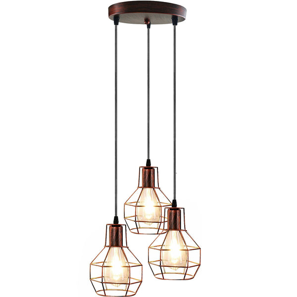 3-lichts hangende kooiarmatuur van geborsteld messing~5318  – Rustiek Rood / Ja