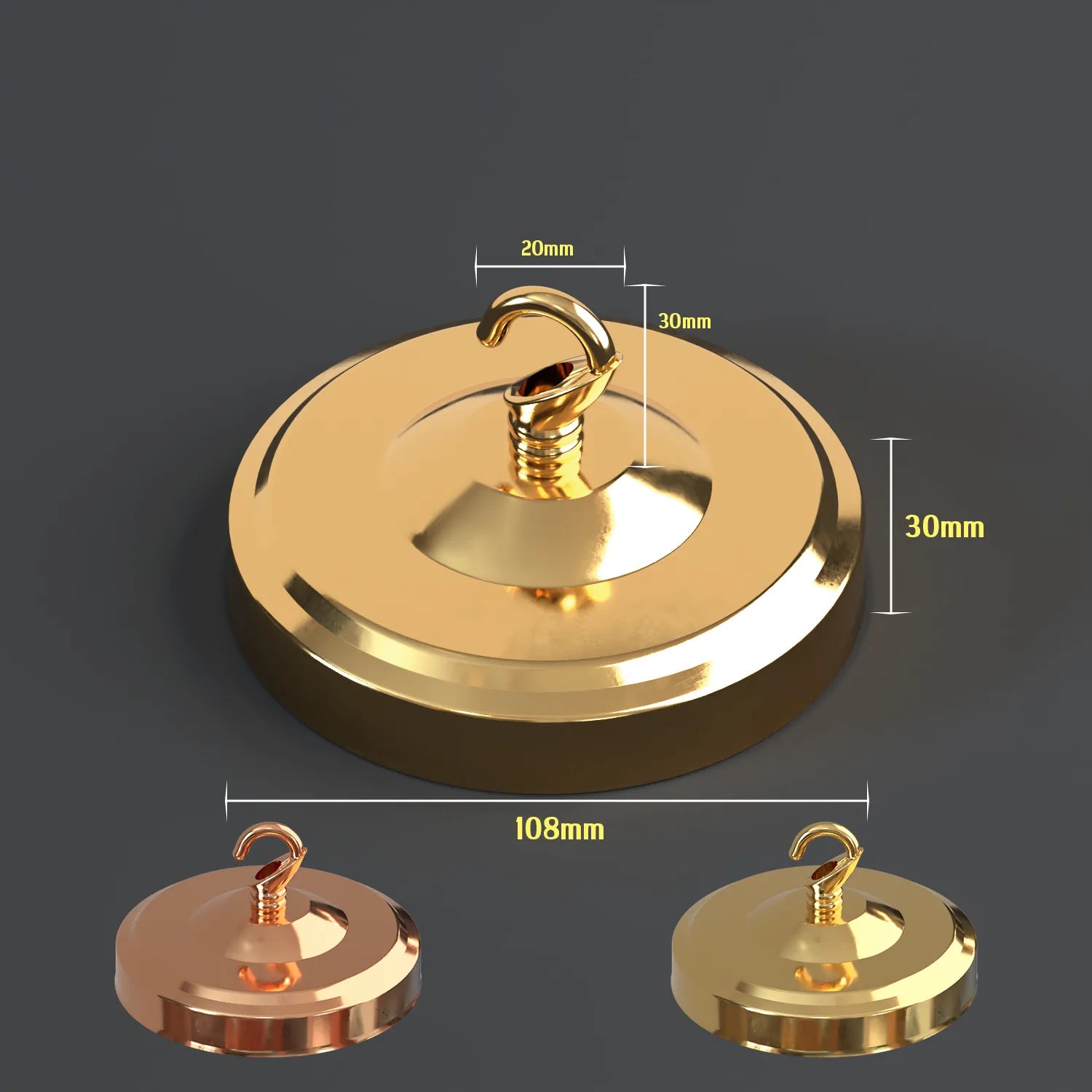 Gold-colored magnetic lifting pad with measurements on a dark background
