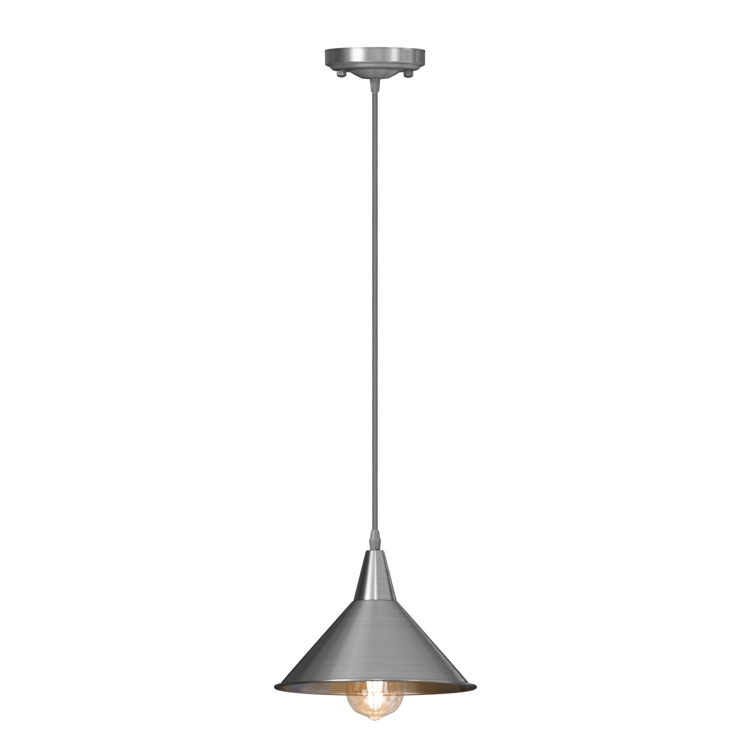 A modern chrome metal pendant light fixture with a cone shade design hanging over a dining table in a room with beige walls and brown curtains.