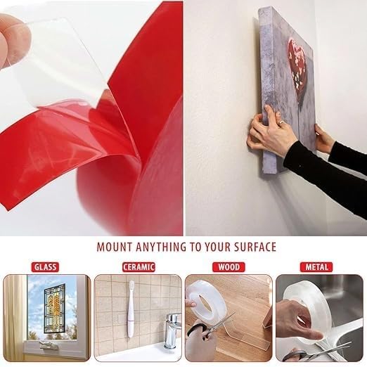 double sided clear nano residue strong hold clear nano adhesive, single roll double sided tape, reusable grip tape for walls, residue-free mounting solution, traceless gel tape for home.