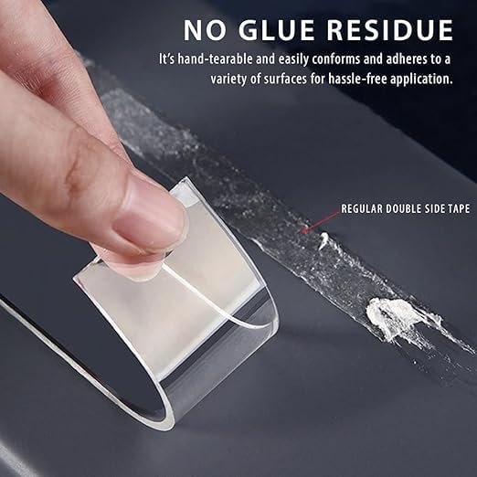 double sided clear nano residue strong hold clear nano adhesive, single roll double sided tape, reusable grip tape for walls, residue-free mounting solution, traceless gel tape for home.