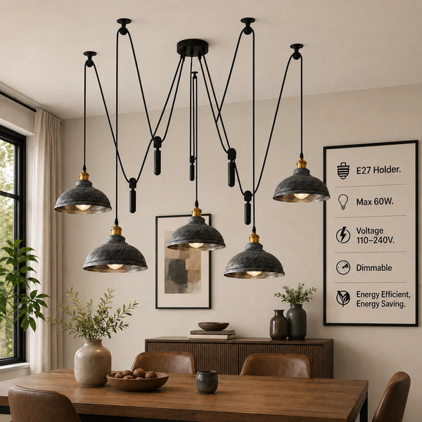 SWAGFLEX Multi-Light Industrial Spider Pendant ~6669 – Brushed Silver / Yes