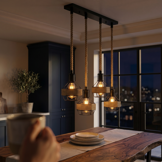 Industrial Hemp Rope Pendant Light - Black Cage  E27 Ceiling Chandelier | Adjustable Height ~6203