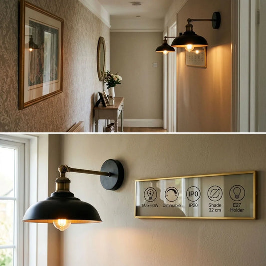 2 Pack Black and Gold Wall Lights E27 Indoor  ~6977
