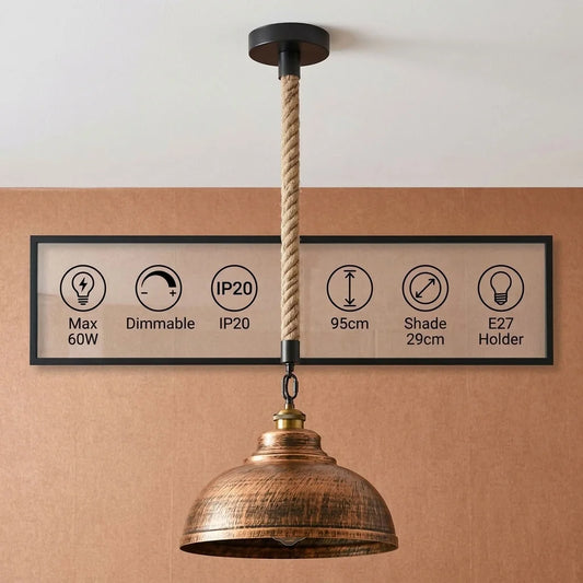 Geborstelde koperen hanglamp met kap, moderne hennep hanglamp, retro, 1940