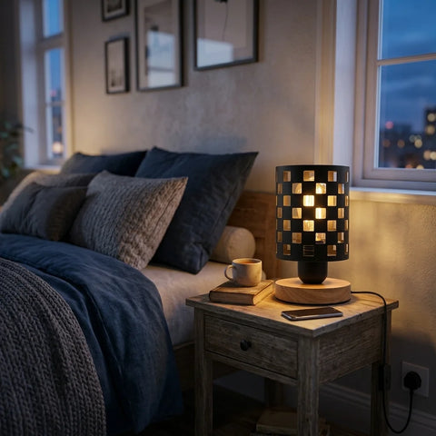 Klein nachtkastje lampje antiek messing + houten standaard ~5353