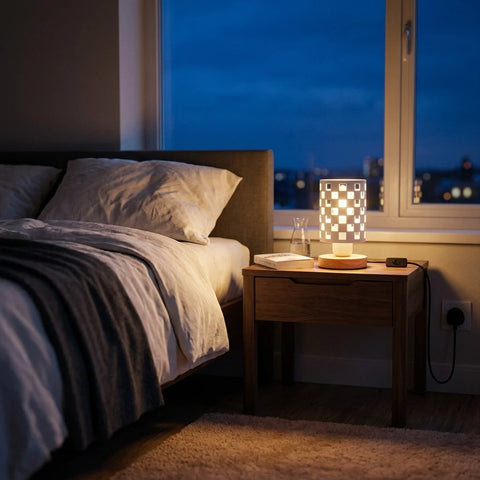 Klein nachtkastje lampje antiek messing + houten standaard ~5353