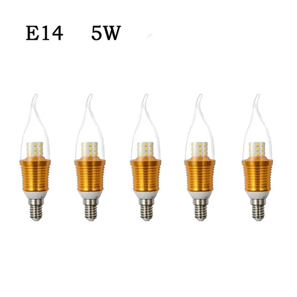 five E14 5W LED flame tip candle bulbs