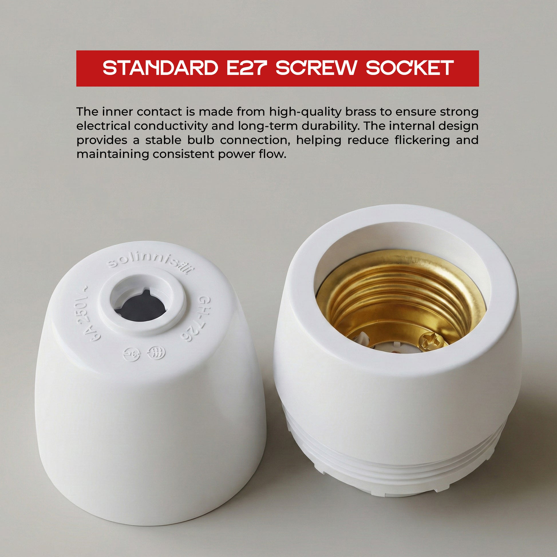 Standard E27 screw socket with text on a gray background