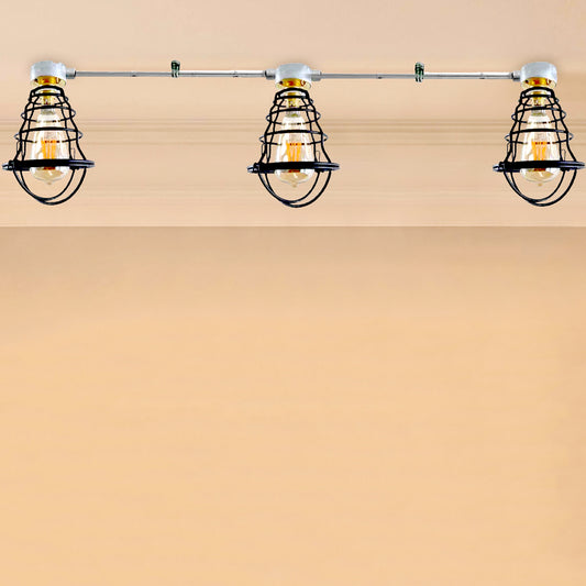 A series of three industrial ceiling lights with a B22 bulb base, mounted on a conduit pipe, against a plain background.