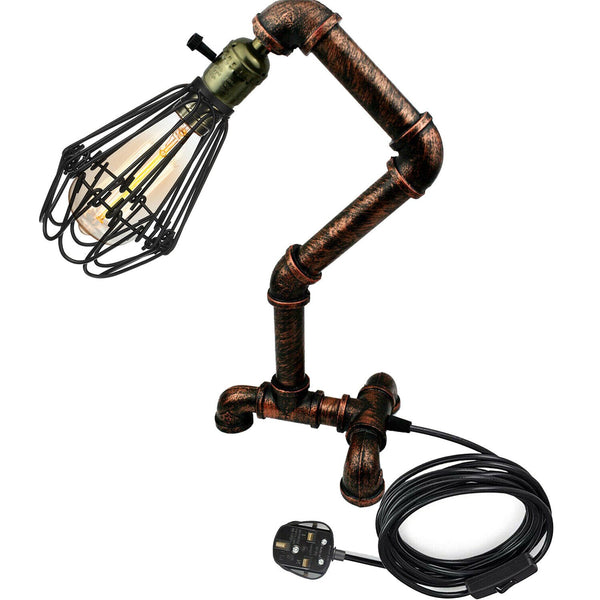 Steampunk Water Pipe Desk Lamp Retro Plugin Lighting ~6091 – Rustic Red / Yes