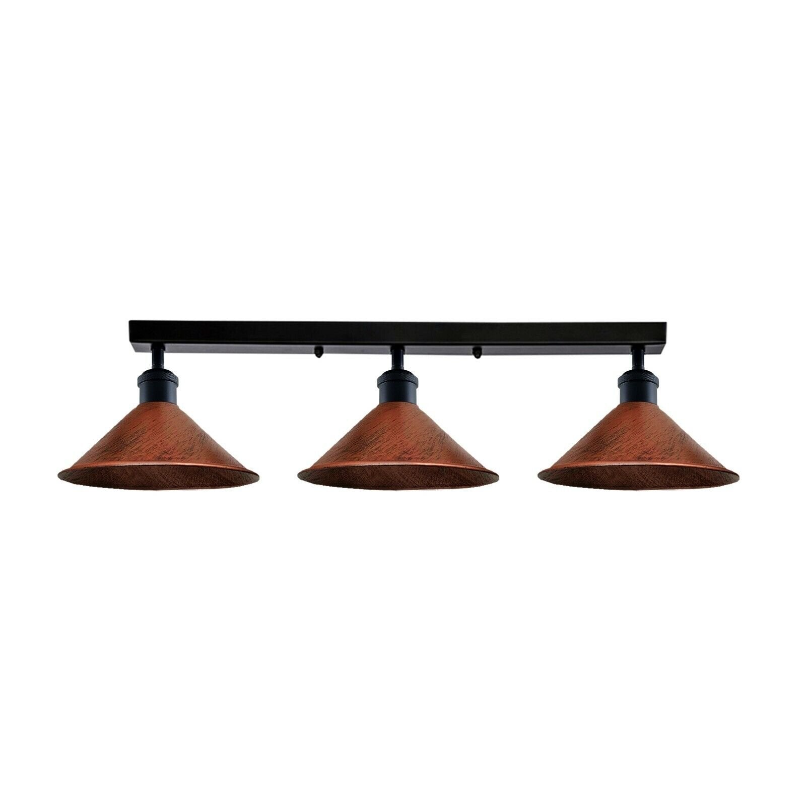 Three-bulb ceiling light fixture with brown shades on a white background