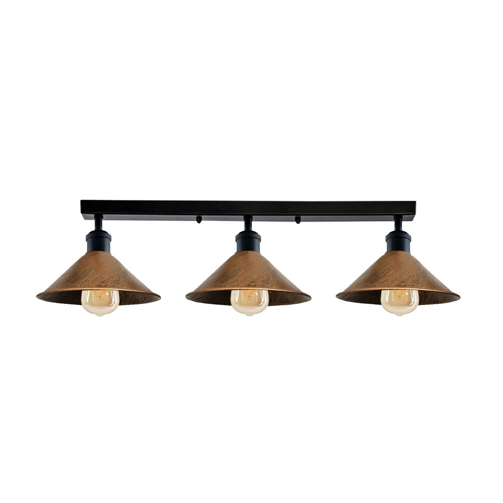 Three-light fixture with brown shades on a white background