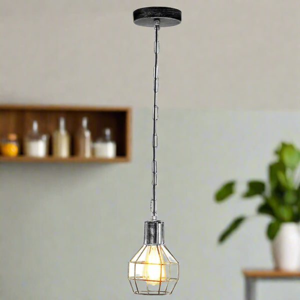 Geborstelde zilveren plafondlamp, vintage metalen kooi hanglamp~5786  – Geborsteld zilver / Ja