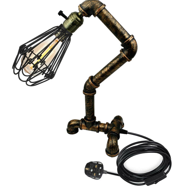 Steampunk Water Pipe Desk Lamp Retro Plugin Lighting ~6091 – Brushed Copper / Yes