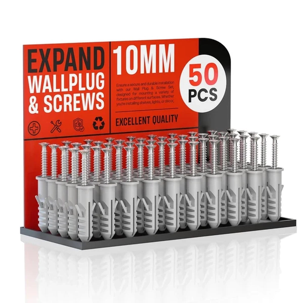 display pack of 50 grey 10mm wall plugs and screws