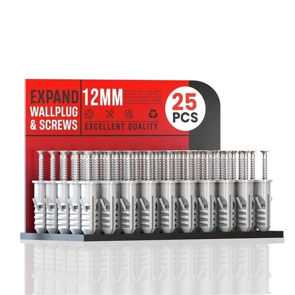 display pack of 25 grey 12mm wall plugs and screws