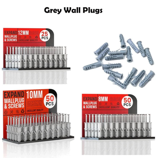grey 8mm, 10mm and 12mm wall plug display packs with loose plugs