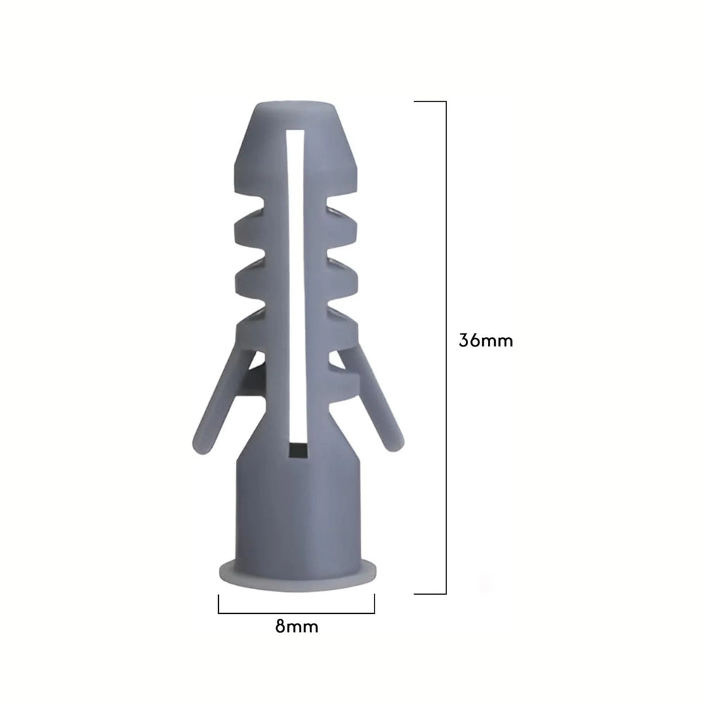 grey 8mm wall plug with dimensions marked