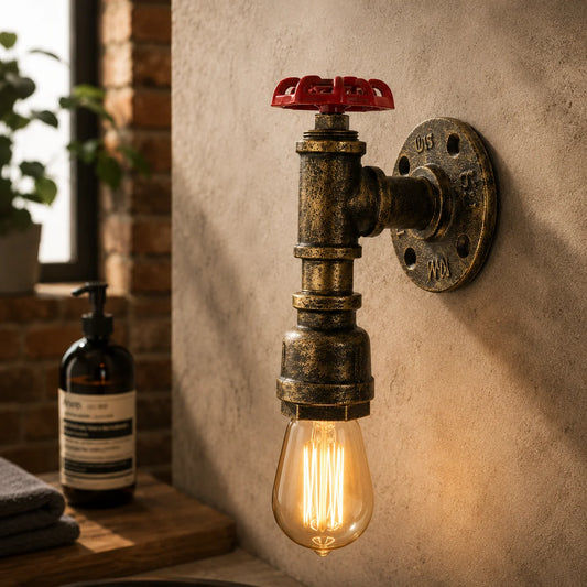 Wall-mounted industrial-style light fixture with a red valve handle on a textured wall.