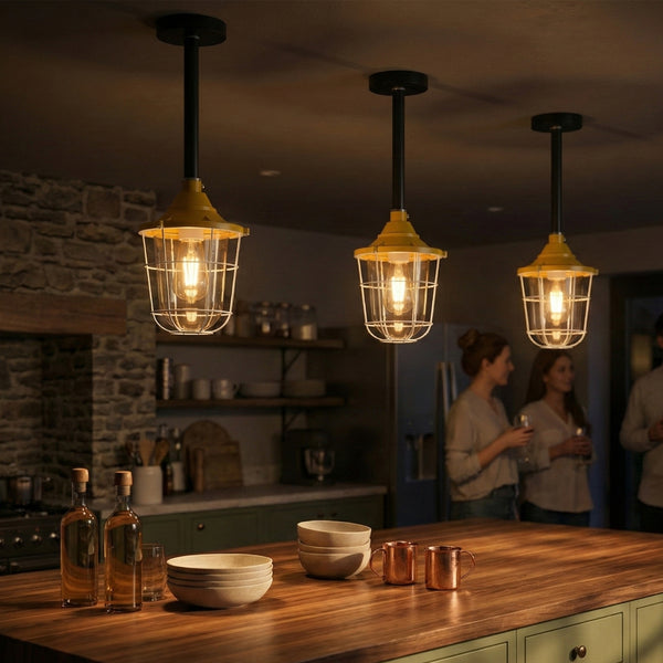 Industrial pipe ceiling pendant light kit with Conduit Fisherman Cage ~ 6114 – Yellow / 30cm / No
