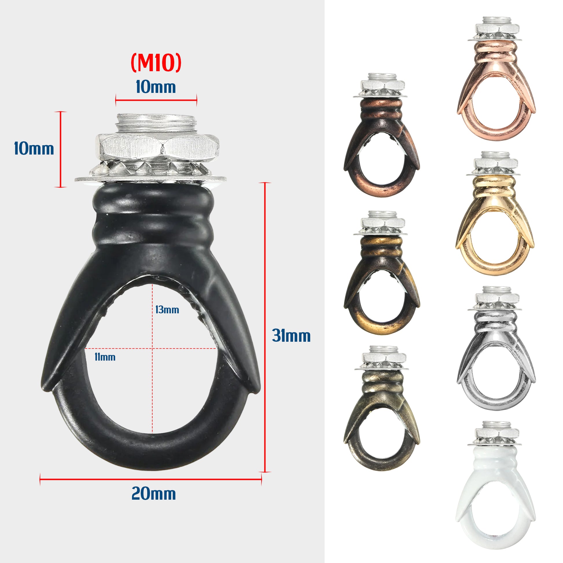 Ring crip with measurements and color options on a white background