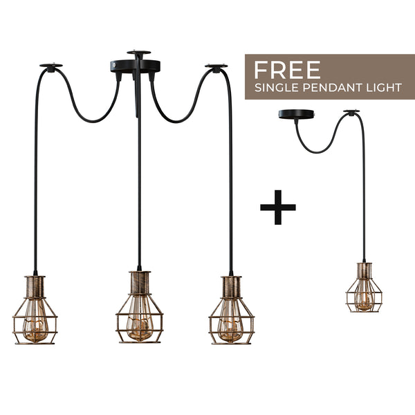 Nestkooi van geborsteld koper, retro, industrieel, 2-weg, plafondlamp voor binnen, hanglamp van metaal~3490 – Brushed Copper / 3 Head / No