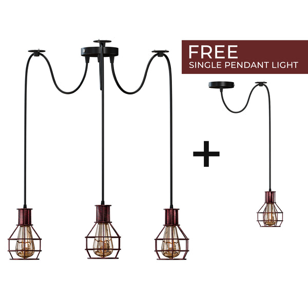 Nestkooi van geborsteld koper, retro, industrieel, 2-weg, plafondlamp voor binnen, hanglamp van metaal~3490 – Rustic Red / 3 Head / No