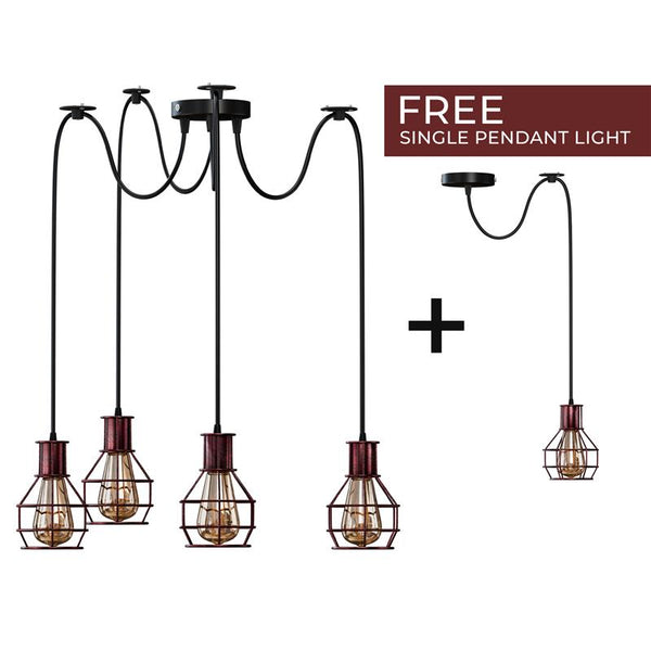 Nestkooi van geborsteld koper, retro, industrieel, 2-weg, plafondlamp voor binnen, hanglamp van metaal~3490 – Rustic Red / 4 Head / No