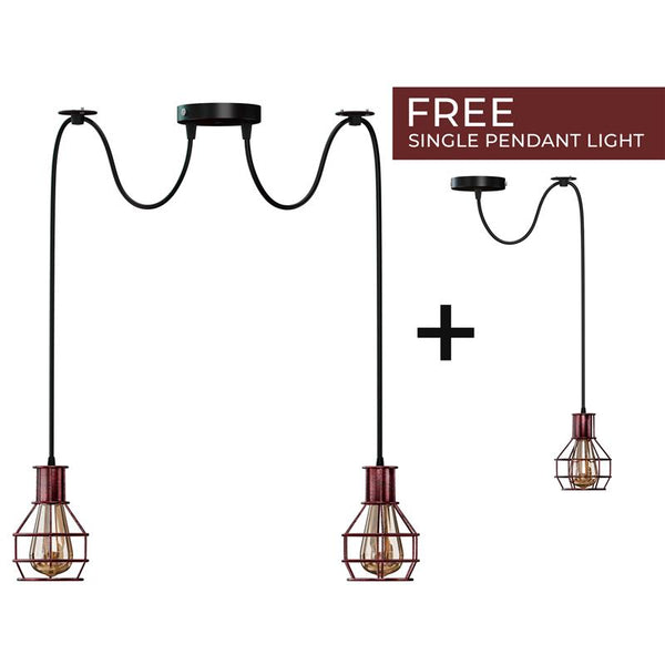 Nestkooi van geborsteld koper, retro, industrieel, 2-weg, plafondlamp voor binnen, hanglamp van metaal~3490 – Rustic Red / 2 Head / No