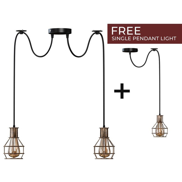 Nestkooi van geborsteld koper, retro, industrieel, 2-weg, plafondlamp voor binnen, hanglamp van metaal~3490 – Brushed Copper / 2 Head / No