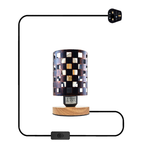 Klein nachtkastje lampje antiek messing + houten standaard ~5353