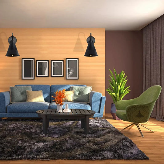 Black industrial wall light in living room.
