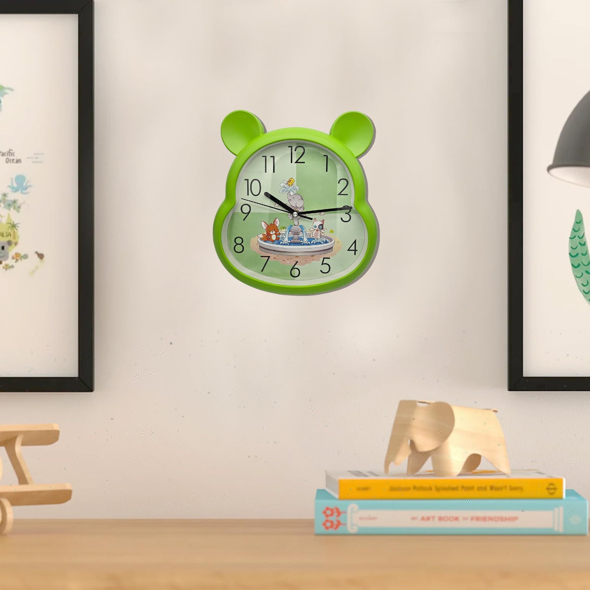 light green non-ticking wall clock, green quartz clock for kids room, 35 cm round wall clock light green, battery powered silent children's clock, large numbers round clock green