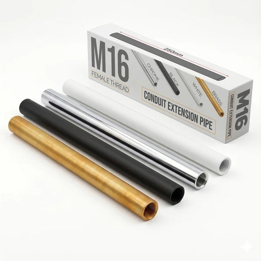 boxed M16 conduit extension pipes in brass, black, chrome and white