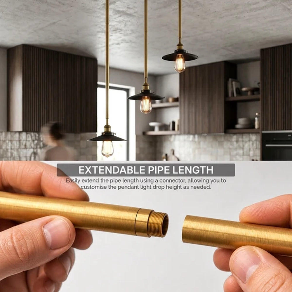 brass extension pipes joined by a connector above pendant lights