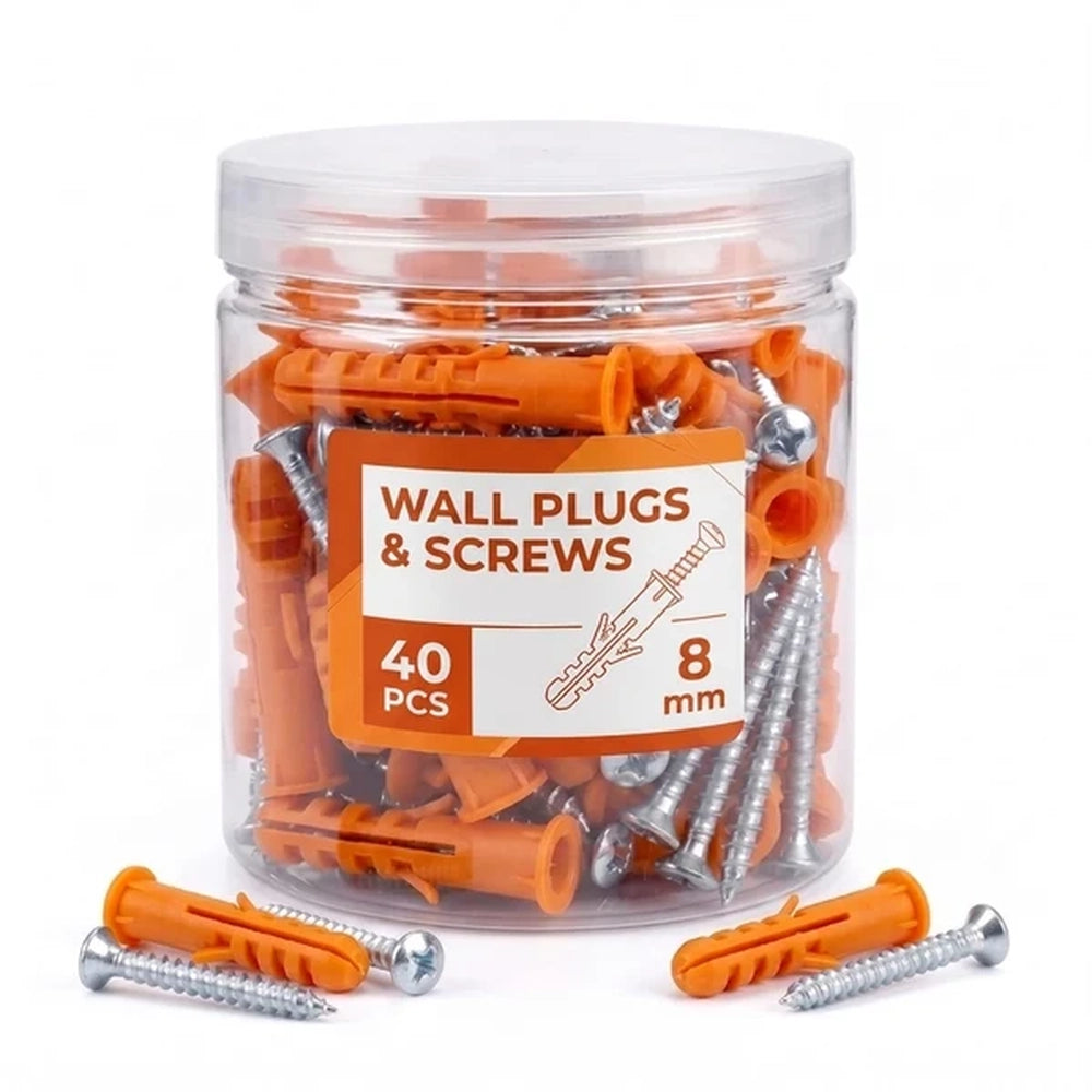 tub of 40 orange 8mm wall plugs and screws with loose plugs