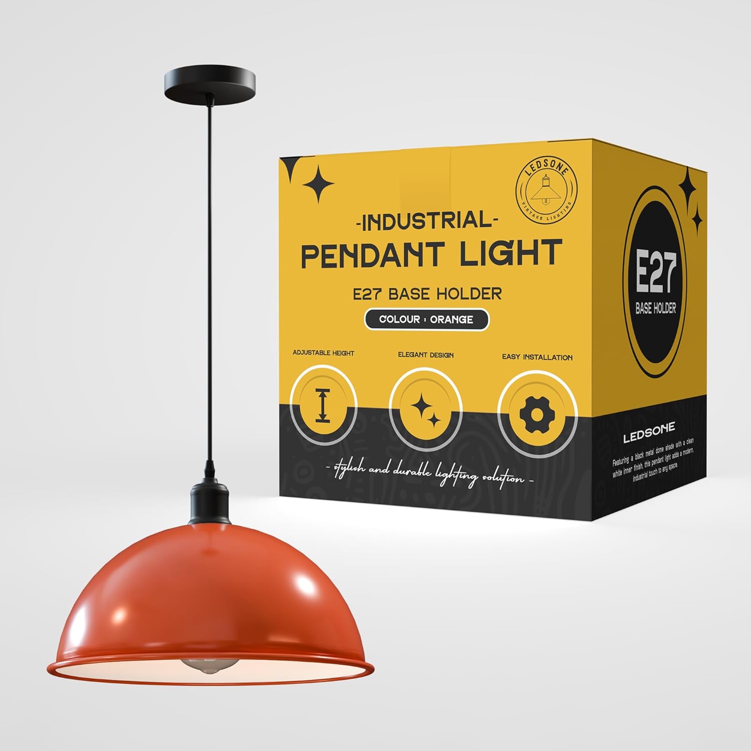 orange dome pendant light, bright orange hanging fixture, single E27 orange metal light, vintage orange light shade, adjustable orange ceiling lamp