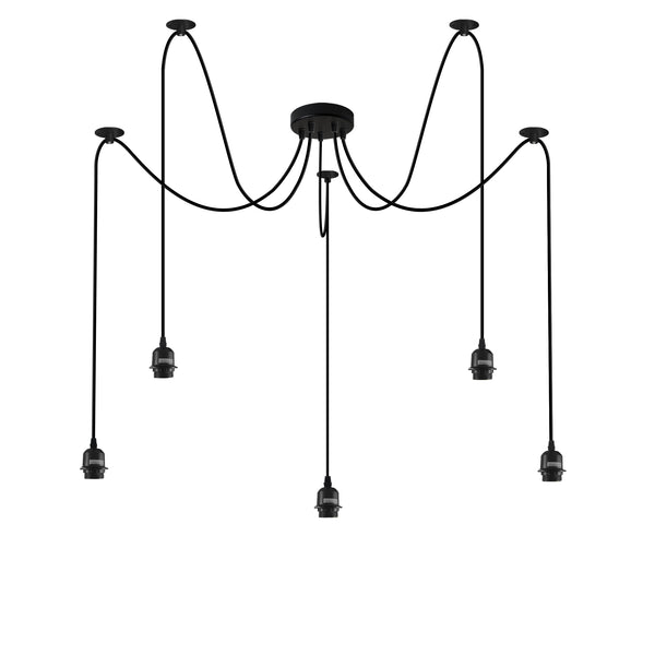 Zwarte hanglamp Spider met rubberen kabel, metalen lamphouder~1122  – 5-koppige spinnenhanger