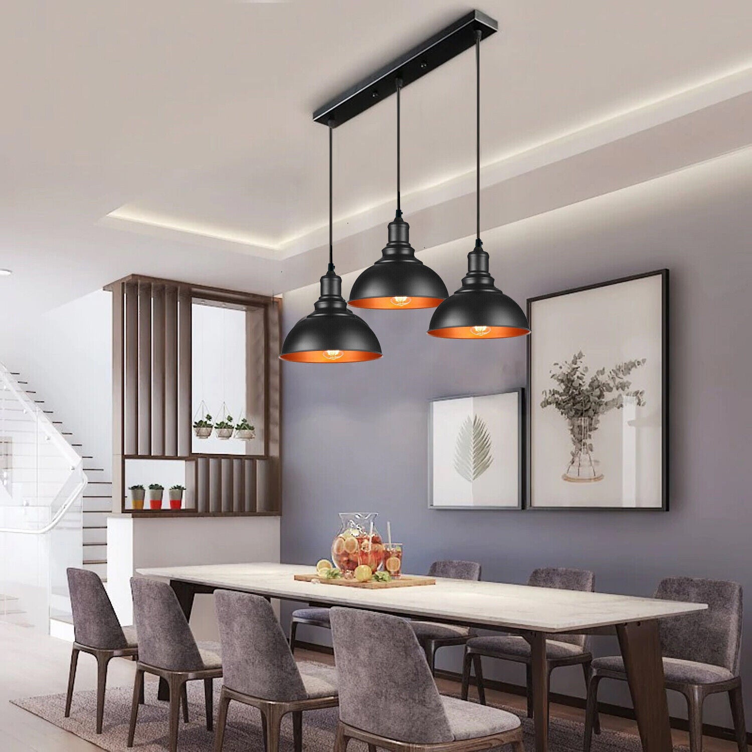 3 pendant lights over dining table