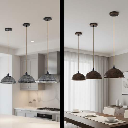 Two views of pendant lights in a kitchen and dining area.
