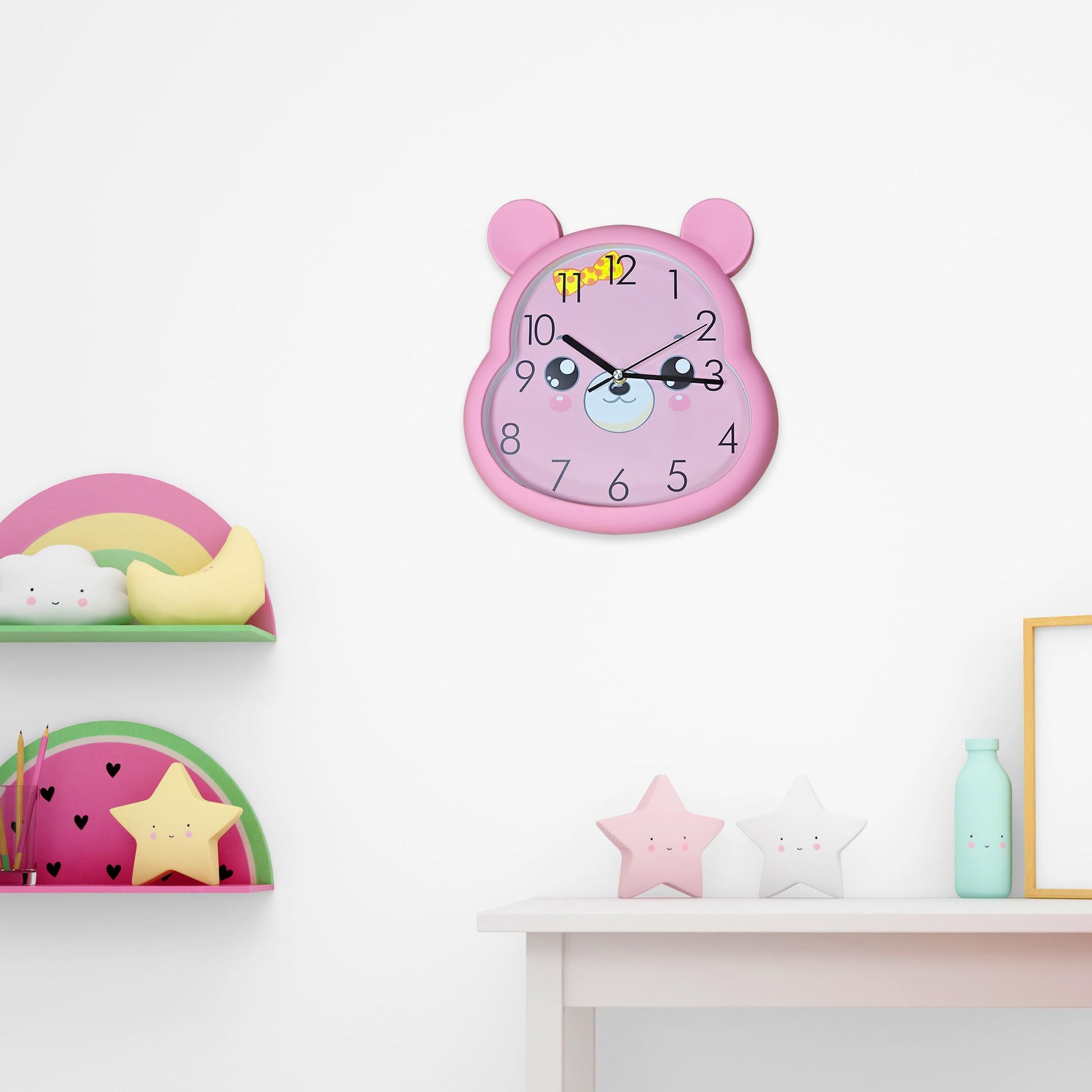 pink non-ticking wall clock for girls, pink quartz clock for bedroom, large numbers round clock pink, battery powered silent children's clock, 35 cm pink wall clock
