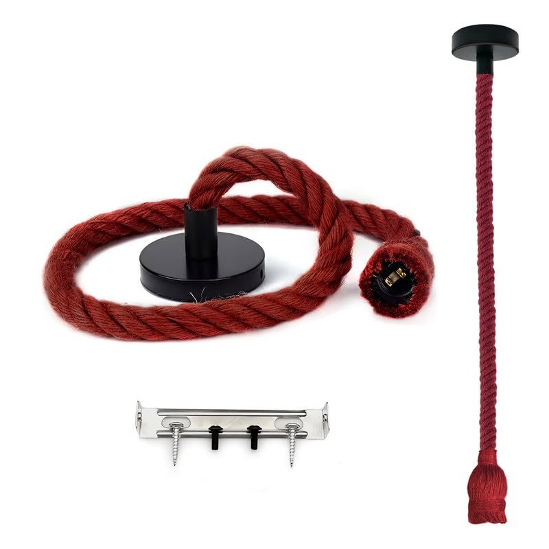 fittings light fitting ceiling single red rope pendant light, rustic Christmas light fixture, adjustable red hemp lamp, industrial E27 ceiling holder, hardwired red decorative rope.