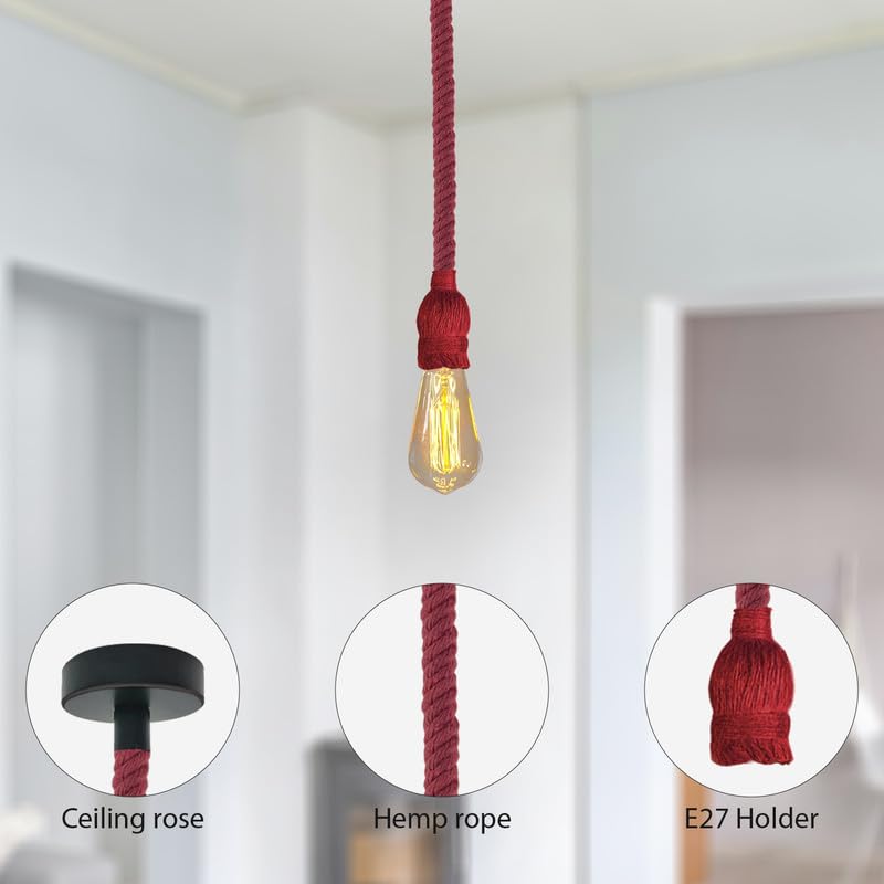 fittings lighting light ceiling red rope pendant light, rustic Christmas light fixture, adjustable red hemp lamp, industrial E27 ceiling holder, hardwired red decorative rope.