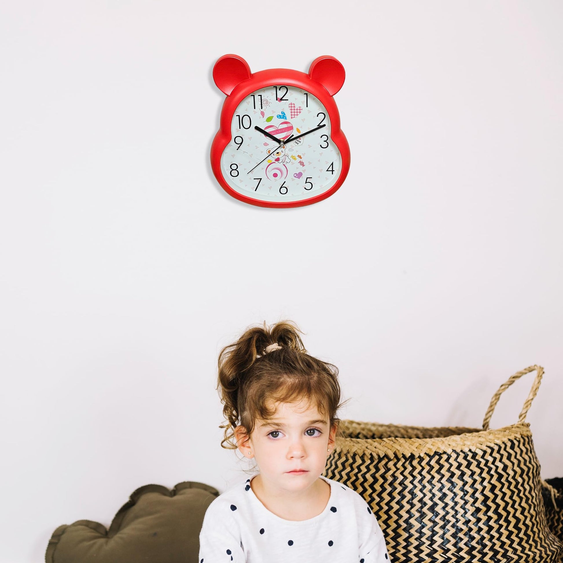 red non-ticking wall clock for kids, red frame quartz clock for nursery, large numbers round clock red, battery powered silent children's clock, 35 cm red wall clock